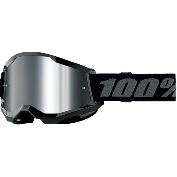 Studio image highlighting 100%, Strata 2 Goggle (Mirror Lens) (Youth), Goggles, SKU 610-5257, color options Neon Orange, Mirror True Gold, Black, Mirror Silver Lens, Blue, Mirror Red/Blue Lens, Neon Yellow, Mirror Pink Lens, Pink, Mirror Red Lens, Red, Mirror Red Lens, White, Mirror Silver Lens, Orange, Mirror Gold Lens and more