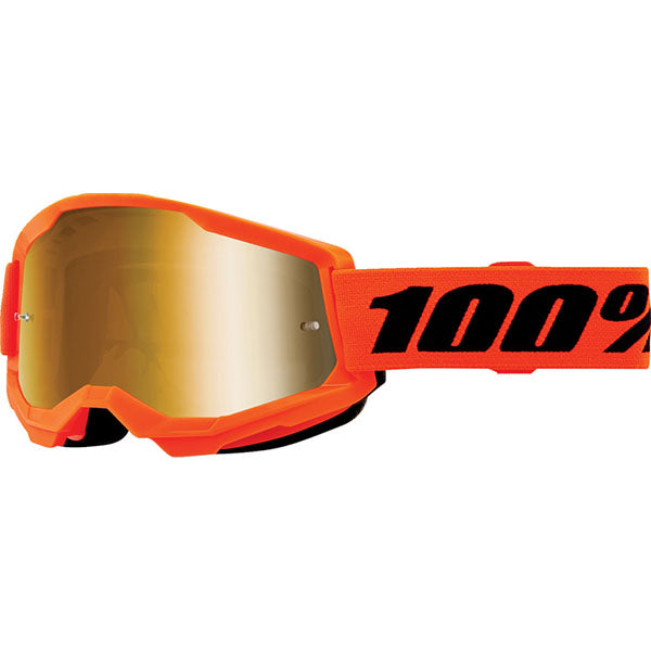 High-resolution studio image of 100%, Strata 2 Goggle (Mirror Lens) (Youth), Goggles, SKU 610-5259, color options Neon Orange, Mirror True Gold, Black, Mirror Silver Lens, Blue, Mirror Red/Blue Lens, Neon Yellow, Mirror Pink Lens, Pink, Mirror Red Lens, Red, Mirror Red Lens, White, Mirror Silver Lens, Orange, Mirror Gold Lens and more