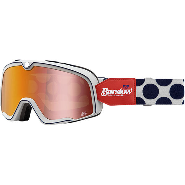 Studio photo of 100%, Barstow Goggle, Goggles, SKU 26013070, color options Race Service, Mirror Silver Lens, The Arsenale, Smoke Lens, Death Spray, Mirror Blue Lens, El Solitario, Smoke Lens, Vahna, Mirror Blue Lens, Erban, Mirror Dark Red Lens, Malibu, Smoke Lens, Jane Motorcycles, Mirror True Gold Lens and more