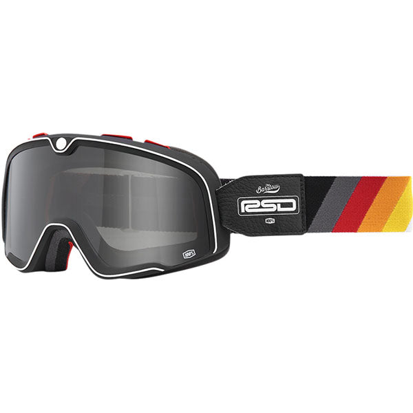 Catalog studio image of 100%, Barstow Goggle, Goggles, SKU 26013071, color options Race Service, Mirror Silver Lens, The Arsenale, Smoke Lens, Death Spray, Mirror Blue Lens, El Solitario, Smoke Lens, Vahna, Mirror Blue Lens, Erban, Mirror Dark Red Lens, Malibu, Smoke Lens, Jane Motorcycles, Mirror True Gold Lens and more
