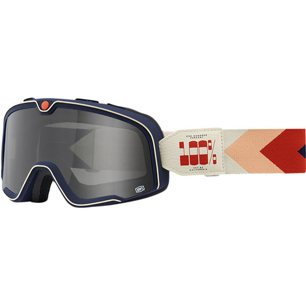 Studio photo showcasing 100%, Barstow Goggle, Goggles, SKU 26013066, color options Race Service, Mirror Silver Lens, The Arsenale, Smoke Lens, Death Spray, Mirror Blue Lens, El Solitario, Smoke Lens, Vahna, Mirror Blue Lens, Erban, Mirror Dark Red Lens, Malibu, Smoke Lens, Jane Motorcycles, Mirror True Gold Lens and more