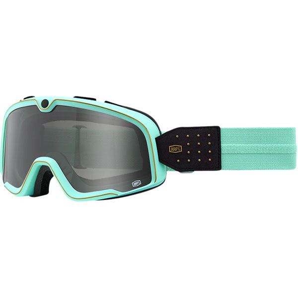 Studio photo of 100%, Barstow Goggle, Goggles, SKU 26013064, color options Race Service, Mirror Silver Lens, The Arsenale, Smoke Lens, Death Spray, Mirror Blue Lens, El Solitario, Smoke Lens, Vahna, Mirror Blue Lens, Erban, Mirror Dark Red Lens, Malibu, Smoke Lens, Jane Motorcycles, Mirror True Gold Lens and more