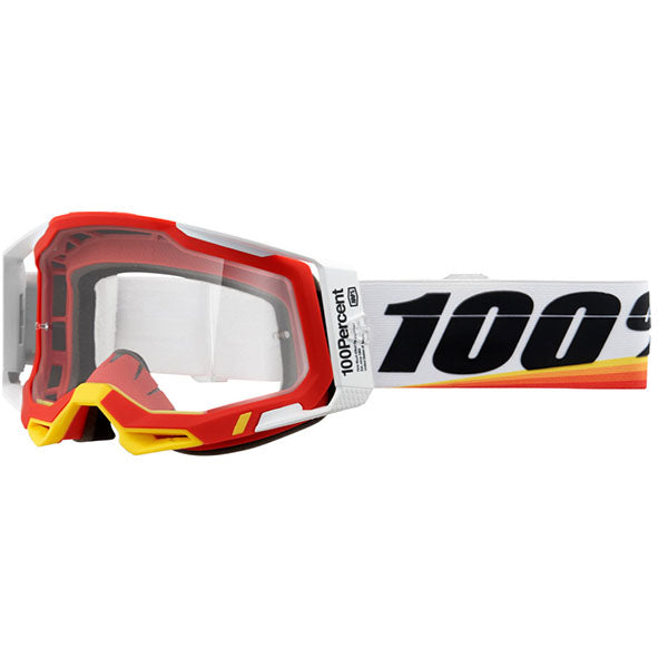 Studio image highlighting 100%, Racecraft 2.0 Goggle (Clear Lens), Goggles, SKU 26013255, color options Concordia, Battleship, Snowbird, Topo, Kalkuta, Neon Yellow, Fluo Yellow, Panam and more