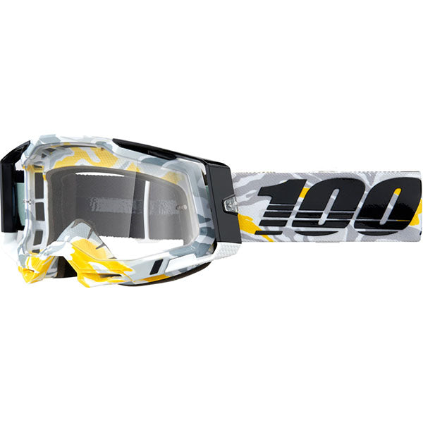 Studio photo showcasing 100%, Racecraft 2.0 Goggle (Clear Lens), Goggles, SKU 26013258, color options Concordia, Battleship, Snowbird, Topo, Kalkuta, Neon Yellow, Fluo Yellow, Panam and more