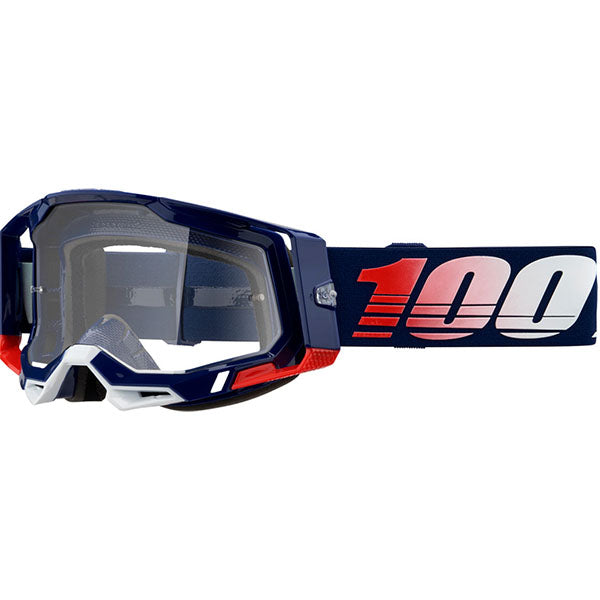 Studio image highlighting 100%, Racecraft 2.0 Goggle (Clear Lens), Goggles, SKU 26013261, color options Concordia, Battleship, Snowbird, Topo, Kalkuta, Neon Yellow, Fluo Yellow, Panam and more