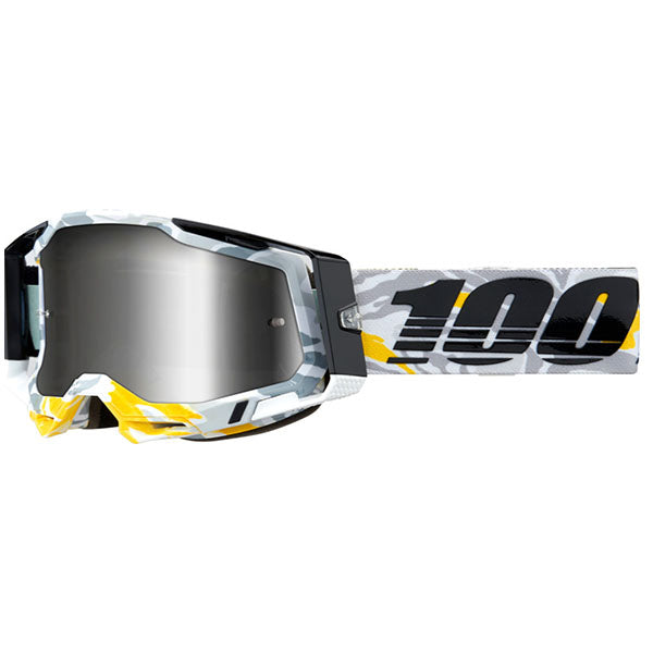 Studio photo of 100%, Racecraft 2.0 Goggle (Mirror Lens), Goggles, SKU 26013266, color options Arbis, Mirror Silver Lens, Mayfair, Mirror Silver Lens, Maho, Silver Flash Lens, Concordia, Mirror Blue Lens, Airblast, Mirror Silver Lens, Blue, Mirror Blue Lens, Fremont, Mirror Blue Lens, Red, Mirror Red Lens and more
