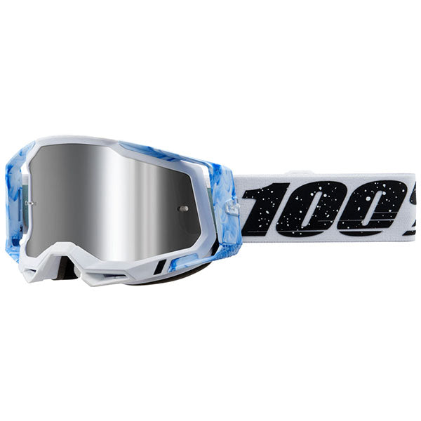 Studio image highlighting 100%, Racecraft 2.0 Goggle (Mirror Lens), Goggles, SKU 26013267, color options Arbis, Mirror Silver Lens, Mayfair, Mirror Silver Lens, Maho, Silver Flash Lens, Concordia, Mirror Blue Lens, Airblast, Mirror Silver Lens, Blue, Mirror Blue Lens, Fremont, Mirror Blue Lens, Red, Mirror Red Lens and more