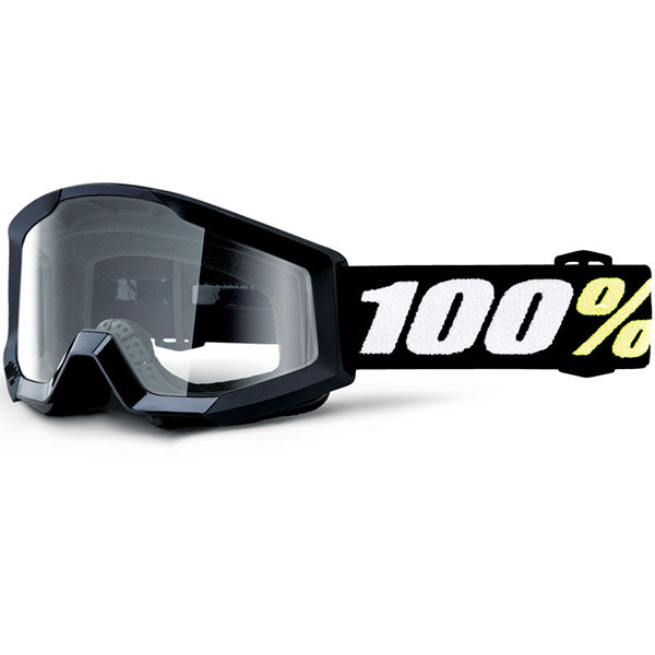 Studio product photo on a neutral background of 100%, Strata Mini Clear Lens Goggle, Goggles, SKU 50033-00005, color options Red, Clear Lens, Neon Yellow, Clear Lens, Black, Clear Lens, 24 Black, Clear Lens, 24 Red, Clear Lens, 24 Yellow, Clear Lens