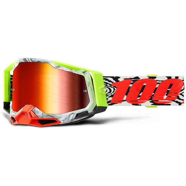 Studio photo showcasing 100%, Racecraft 2.0 Goggle (Mirror Lens), Goggles, SKU 5632205600, color options Arbis, Mirror Silver Lens, Mayfair, Mirror Silver Lens, Maho, Silver Flash Lens, Concordia, Mirror Blue Lens, Airblast, Mirror Silver Lens, Blue, Mirror Blue Lens, Fremont, Mirror Blue Lens, Red, Mirror Red Lens and more