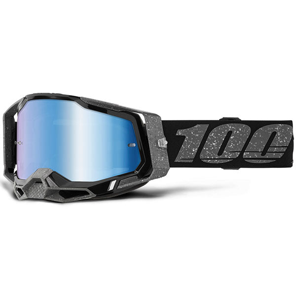 High-resolution studio image of 100%, Racecraft 2.0 Goggle (Mirror Lens), Goggles, SKU 5632205700, color options Arbis, Mirror Silver Lens, Mayfair, Mirror Silver Lens, Maho, Silver Flash Lens, Concordia, Mirror Blue Lens, Airblast, Mirror Silver Lens, Blue, Mirror Blue Lens, Fremont, Mirror Blue Lens, Red, Mirror Red Lens and more