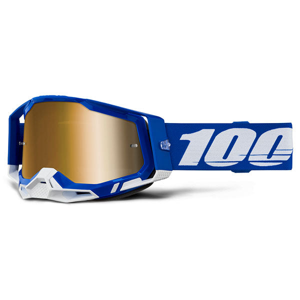 Detailed studio photograph of 100%, Racecraft 2.0 Goggle (Mirror Lens), Goggles, SKU 5632101600, color options Arbis, Mirror Silver Lens, Mayfair, Mirror Silver Lens, Maho, Silver Flash Lens, Concordia, Mirror Blue Lens, Airblast, Mirror Silver Lens, Blue, Mirror Blue Lens, Fremont, Mirror Blue Lens, Red, Mirror Red Lens and more
