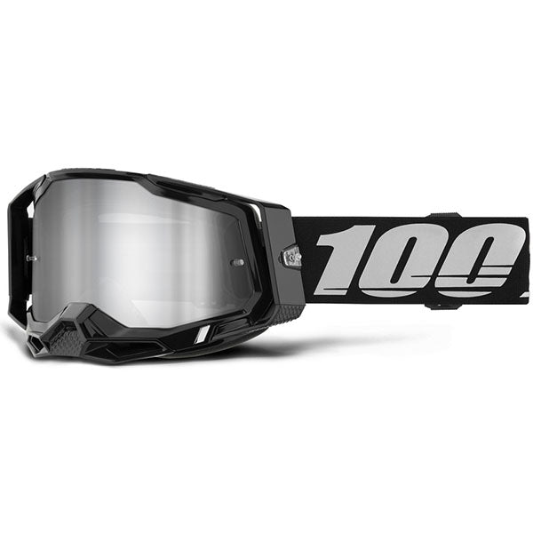 Detailed studio photograph of 100%, Racecraft 2.0 Goggle (Mirror Lens), Goggles, SKU 5632100200, color options Arbis, Mirror Silver Lens, Mayfair, Mirror Silver Lens, Maho, Silver Flash Lens, Concordia, Mirror Blue Lens, Airblast, Mirror Silver Lens, Blue, Mirror Blue Lens, Fremont, Mirror Blue Lens, Red, Mirror Red Lens and more