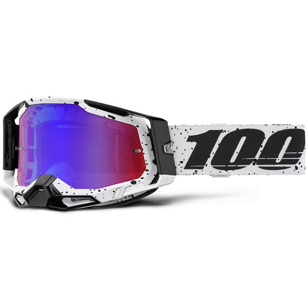 Detailed studio photograph of 100%, Racecraft 2.0 Goggle (Mirror Lens), Goggles, SKU 5632100500, color options Arbis, Mirror Silver Lens, Mayfair, Mirror Silver Lens, Maho, Silver Flash Lens, Concordia, Mirror Blue Lens, Airblast, Mirror Silver Lens, Blue, Mirror Blue Lens, Fremont, Mirror Blue Lens, Red, Mirror Red Lens and more