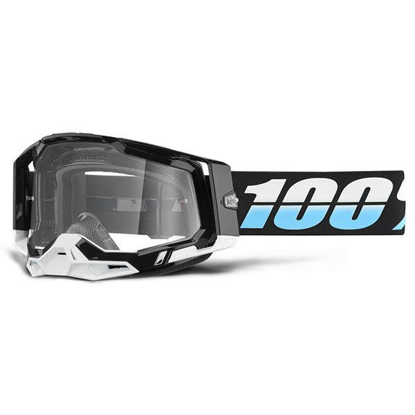 Studio photo showcasing 100%, Racecraft 2.0 Goggle (Clear Lens), Goggles, SKU 26013326, color options Concordia, Battleship, Snowbird, Topo, Kalkuta, Neon Yellow, Fluo Yellow, Panam and more