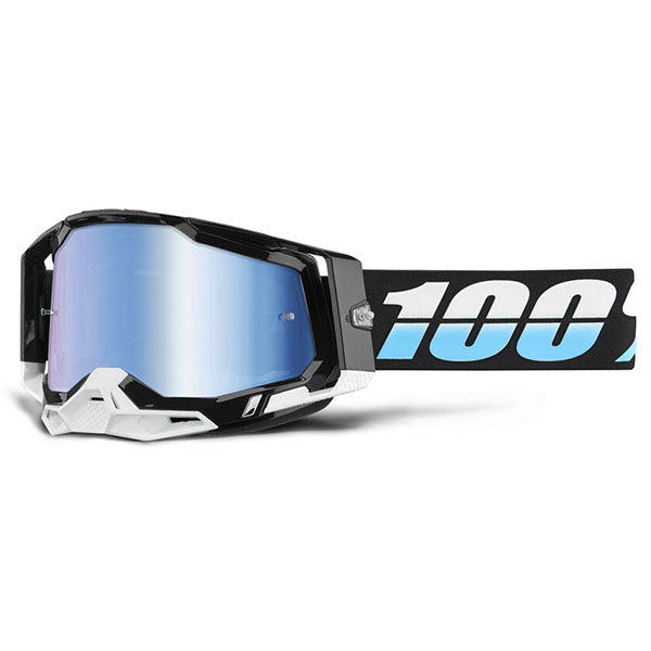 Studio photo of 100%, Racecraft 2.0 Goggle (Mirror Lens), Goggles, SKU 26013316, color options Arbis, Mirror Silver Lens, Mayfair, Mirror Silver Lens, Maho, Silver Flash Lens, Concordia, Mirror Blue Lens, Airblast, Mirror Silver Lens, Blue, Mirror Blue Lens, Fremont, Mirror Blue Lens, Red, Mirror Red Lens and more