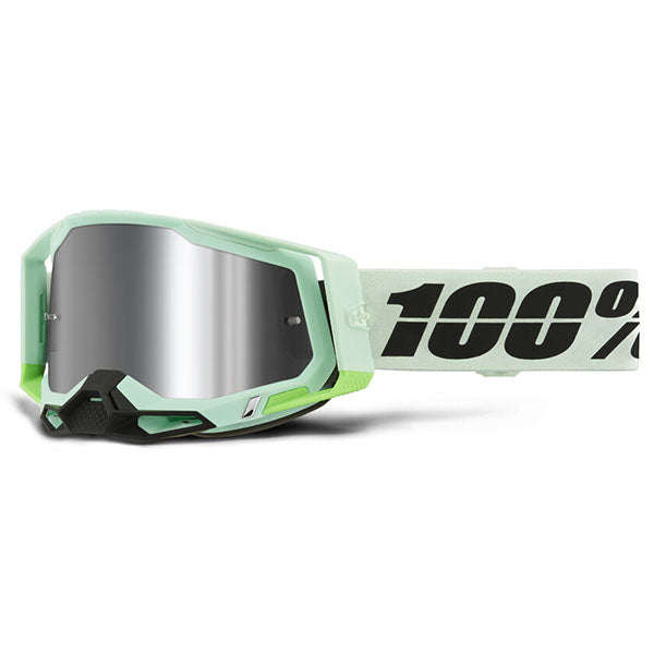 High-resolution studio image of 100%, Racecraft 2.0 Goggle (Mirror Lens), Goggles, SKU 26013262, color options Arbis, Mirror Silver Lens, Mayfair, Mirror Silver Lens, Maho, Silver Flash Lens, Concordia, Mirror Blue Lens, Airblast, Mirror Silver Lens, Blue, Mirror Blue Lens, Fremont, Mirror Blue Lens, Red, Mirror Red Lens and more