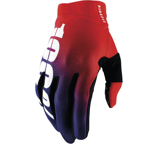 Studio photo of 100%, Ridefit Gloves, Offroad Gloves, SKU 33307080, color options Korp, Korp Yellow, Mars, Black, Fluo/Orange, Stone, Navy/White, Petrol and more, sizes MD, SM, XL, LG, 2XL