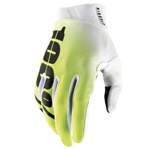 Studio photo showcasing 100%, Ridefit Gloves, Offroad Gloves, SKU 33307079, color options Korp, Korp Yellow, Mars, Black, Fluo/Orange, Stone, Navy/White, Petrol and more, sizes MD, SM, XL, LG, 2XL