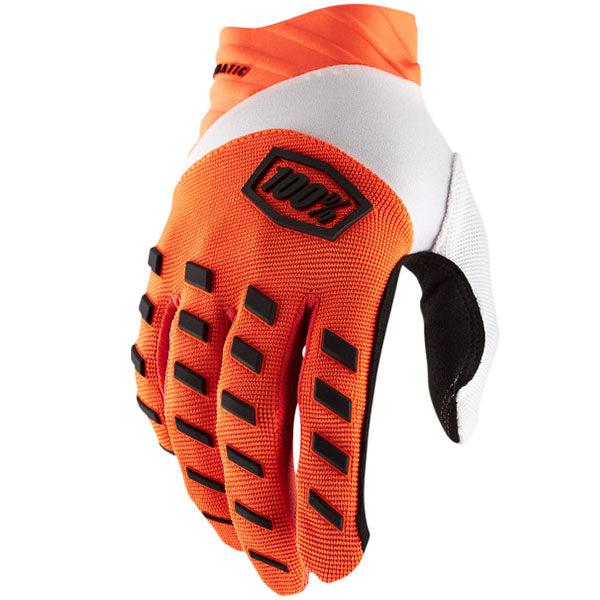 Studio photo showcasing 100%, Airmatic Gloves, Offroad Gloves, SKU 33307136, color options Red/Black, Black/Charcoal, Blue, White, Navy/White, Fluo Yellow, Fluo Orange, Army Green and more, sizes XL, 2XL, SM, MD, LG
