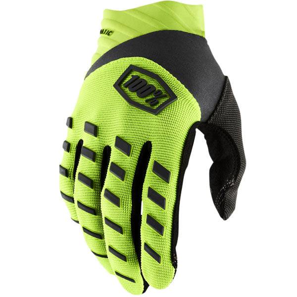 Studio image on a white background of 100%, Airmatic Gloves, Offroad Gloves, SKU 33307135, color options Red/Black, Black/Charcoal, Blue, White, Navy/White, Fluo Yellow, Fluo Orange, Army Green and more, sizes XL, 2XL, SM, MD, LG