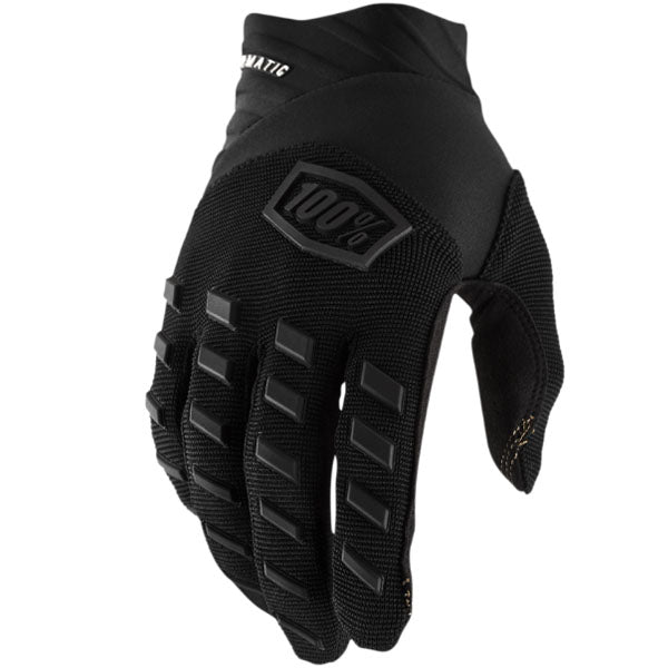 Studio photo showcasing 100%, Airmatic Gloves (Sale), Offroad Gloves, SKU 33307144, color options Blue, Black/Charcoal, Fluo Yellow/Black, Red/Black, Silver, sizes SM, MD, LG, XL, 2X