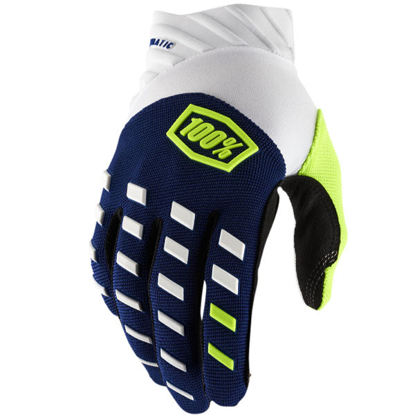 Detailed studio photograph of 100%, Airmatic Gloves, Offroad Gloves, SKU 33307134, color options Red/Black, Black/Charcoal, Blue, White, Navy/White, Fluo Yellow, Fluo Orange, Army Green and more, sizes XL, 2XL, SM, MD, LG