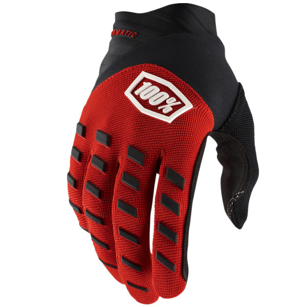 Studio image highlighting 100%, Airmatic Gloves, Offroad Gloves, SKU 33307145, color options Red/Black, Black/Charcoal, Blue, White, Navy/White, Fluo Yellow, Fluo Orange, Army Green and more, sizes XL, 2XL, SM, MD, LG