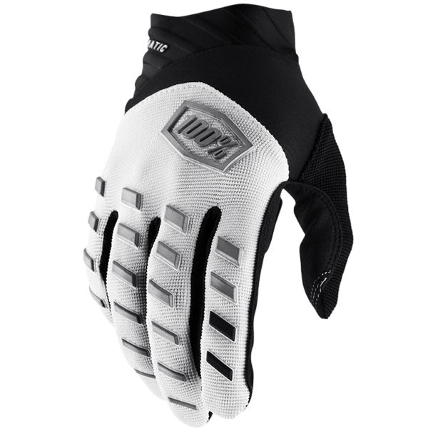 Detailed studio photograph of 100%, Airmatic Gloves, Offroad Gloves, SKU 33307147, color options Red/Black, Black/Charcoal, Blue, White, Navy/White, Fluo Yellow, Fluo Orange, Army Green and more, sizes XL, 2XL, SM, MD, LG