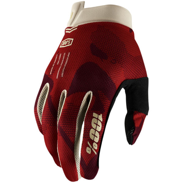 Studio product photo on a neutral background of 100%, Itrack Gloves, Offroad Gloves, SKU 33306593, color options Black, Red, Fluo/Yellow, Aqua, Sentinel Terra, Sentinel Black, Kaledo, sizes SM, LG, MD, XL, 2XL