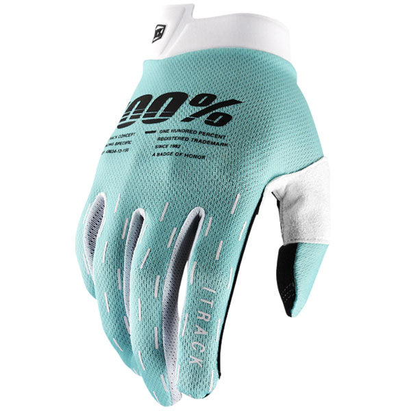 Studio photo showcasing 100%, Itrack Gloves, Offroad Gloves, SKU 33306592, color options Black, Red, Fluo/Yellow, Aqua, Sentinel Terra, Sentinel Black, Kaledo, sizes SM, LG, MD, XL, 2XL