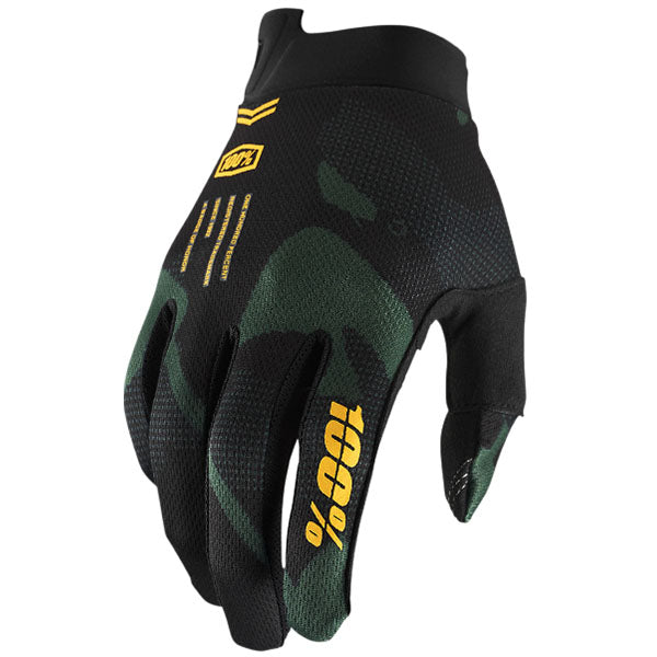 Studio image highlighting 100%, Itrack Gloves, Offroad Gloves, SKU 33306594, color options Black, Red, Fluo/Yellow, Aqua, Sentinel Terra, Sentinel Black, Kaledo, sizes SM, LG, MD, XL, 2XL