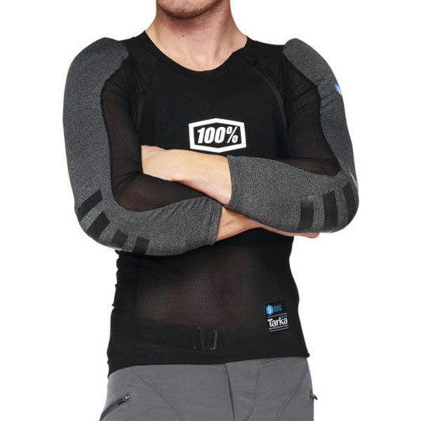 Clean studio photo on a white background of 100%, Tarka Long Sleeve, Chest Protector, SKU 27011095, color Black, sizes SM, MD, LG, XL, 2XL