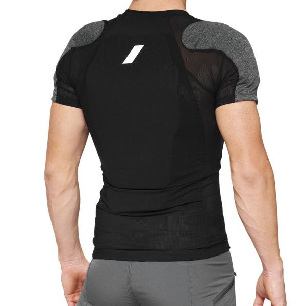 Studio photo showcasing 100%, Tarka Short Sleeve, Chest Protector, SKU 27011089, color Black, sizes SM, MD, LG, XL, 2XL