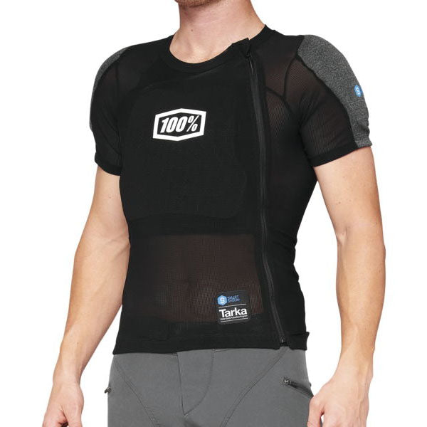 Studio image on a white background of 100%, Tarka Short Sleeve, Chest Protector, SKU 27011090, color Black, sizes SM, MD, LG, XL, 2XL