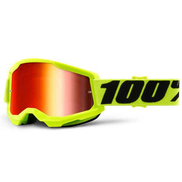 Studio photo showcasing 100%, Strata 2.0 Goggle (Mirror Lens), Goggles, SKU 26012939, color options Black, Mirror Silver Lens, Neon Orange, Mirror True Gold Lens, White, Mirror Silver Lens, Solar Eclipse, True Gold Mirror Lens, War Camo, Silver Mirror Lens, Maupiti, Silver Mirror Lens, Stone, Blue Mirror Lens, Blue, Red/Blue Mirror Lens and more