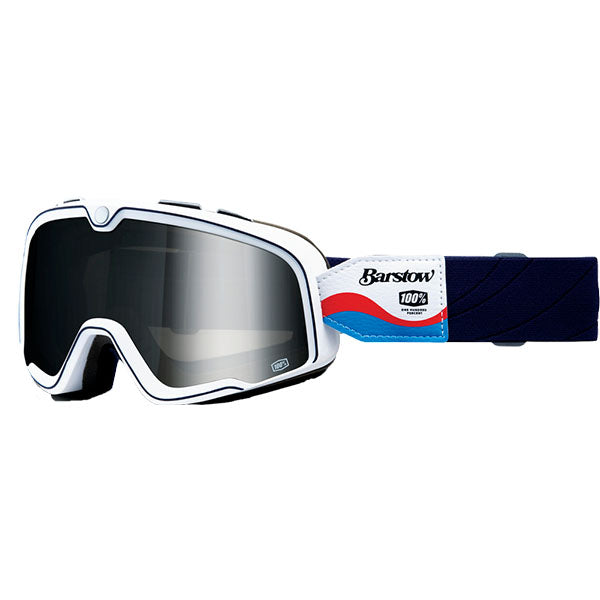 Product photo of 100%, Barstow Goggle, Goggles, SKU 610-5002, color options Race Service, Mirror Silver Lens, The Arsenale, Smoke Lens, Death Spray, Mirror Blue Lens, El Solitario, Smoke Lens, Vahna, Mirror Blue Lens, Erban, Mirror Dark Red Lens, Malibu, Smoke Lens, Jane Motorcycles, Mirror True Gold Lens and more