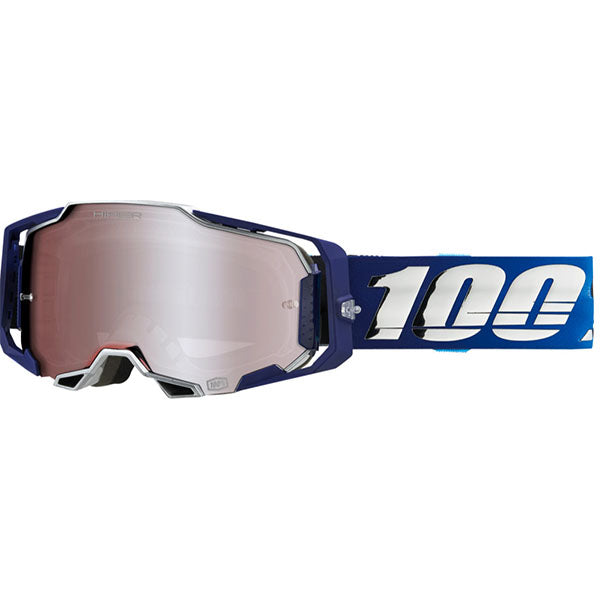 Studio photo showcasing 100%, Armega Goggle w/ HiPER Lens, Goggles, SKU 26013242, color options Crenshaw, HiPER Mirror Purple Lens, United, HiPER Mirror Red/Blue Lens, Acosta, HiPER Mirror Silver Lens, Glory, HiPER Mirror Red Lens, X-Ray, HiPER Mirror Silver Lens, Kloug, HiPER Mirror Dark Red Lens, Blacktail, HiPER Mirror Silver Lens, Racr, HiPER Mirror Silver Lens and more