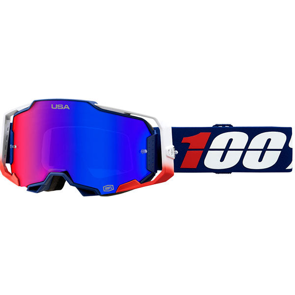 Studio photo showcasing 100%, Armega Goggle w/ HiPER Lens, Goggles, SKU 26013296, color options Crenshaw, HiPER Mirror Purple Lens, United, HiPER Mirror Red/Blue Lens, Acosta, HiPER Mirror Silver Lens, Glory, HiPER Mirror Red Lens, X-Ray, HiPER Mirror Silver Lens, Kloug, HiPER Mirror Dark Red Lens, Blacktail, HiPER Mirror Silver Lens, Racr, HiPER Mirror Silver Lens and more