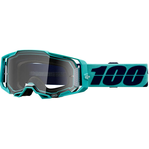 Studio photo showcasing 100%, Armega Goggle w/ Clear Lens, Goggles, SKU 26013245, color options Viggo, Furious, Klein, Albar, Esterel, Fargo, Blue, Livingaad and more