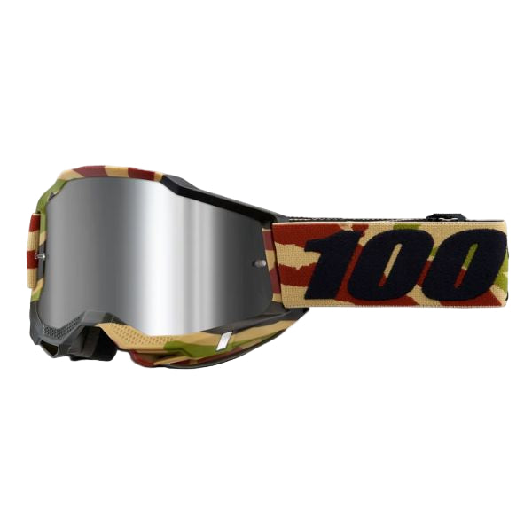 High-resolution studio image of 100%, Accuri 2.0 Goggle (Mirror Lens), Goggles, SKU 26013278, color options Fairbanks, Mirror True Gold Lens, Samba, Mirror Silver Lens, 2028, Mirror Blue Lens, Yumiko, Mirror Silver Lens, Torken, Mirror Red Lens, Risland, Mirror True Gold Lens, Razza, Mirror Silver Lens, Neon Yellow, Mirror Silver Lens and more