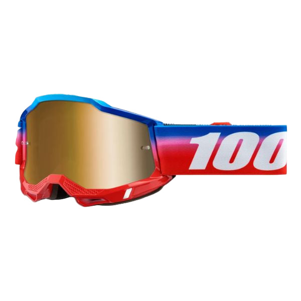 High-resolution studio image of 100%, Accuri 2.0 Goggle (Mirror Lens), Goggles, SKU 26013282, color options Fairbanks, Mirror True Gold Lens, Samba, Mirror Silver Lens, 2028, Mirror Blue Lens, Yumiko, Mirror Silver Lens, Torken, Mirror Red Lens, Risland, Mirror True Gold Lens, Razza, Mirror Silver Lens, Neon Yellow, Mirror Silver Lens and more