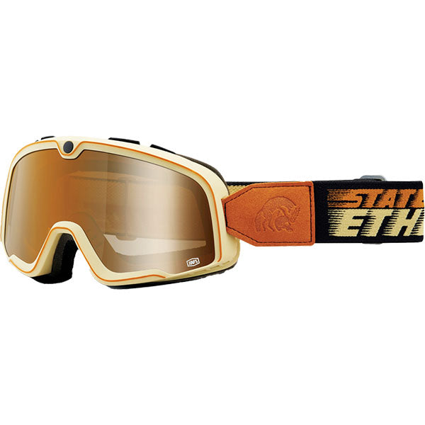 Studio photo of 100%, Barstow Goggle, Goggles, SKU 610-5003, color options Race Service, Mirror Silver Lens, The Arsenale, Smoke Lens, Death Spray, Mirror Blue Lens, El Solitario, Smoke Lens, Vahna, Mirror Blue Lens, Erban, Mirror Dark Red Lens, Malibu, Smoke Lens, Jane Motorcycles, Mirror True Gold Lens and more