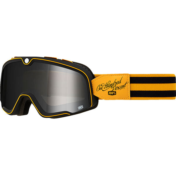 Studio image on a white background of 100%, Barstow Goggle, Goggles, SKU 26013529, color options Race Service, Mirror Silver Lens, The Arsenale, Smoke Lens, Death Spray, Mirror Blue Lens, El Solitario, Smoke Lens, Vahna, Mirror Blue Lens, Erban, Mirror Dark Red Lens, Malibu, Smoke Lens, Jane Motorcycles, Mirror True Gold Lens and more
