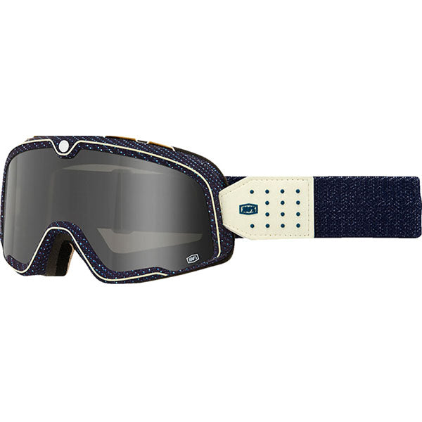 Catalog studio image of 100%, Barstow Goggle, Goggles, SKU 26013531, color options Race Service, Mirror Silver Lens, The Arsenale, Smoke Lens, Death Spray, Mirror Blue Lens, El Solitario, Smoke Lens, Vahna, Mirror Blue Lens, Erban, Mirror Dark Red Lens, Malibu, Smoke Lens, Jane Motorcycles, Mirror True Gold Lens and more