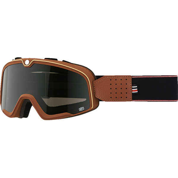 Studio image on a white background of 100%, Barstow Goggle, Goggles, SKU 26013533, color options Race Service, Mirror Silver Lens, The Arsenale, Smoke Lens, Death Spray, Mirror Blue Lens, El Solitario, Smoke Lens, Vahna, Mirror Blue Lens, Erban, Mirror Dark Red Lens, Malibu, Smoke Lens, Jane Motorcycles, Mirror True Gold Lens and more