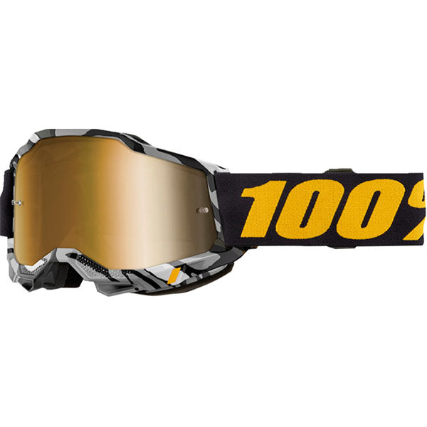 Studio image highlighting 100%, Accuri 2.0 Goggle (Mirror Lens), Goggles, SKU 610-5205, color options Fairbanks, Mirror True Gold Lens, Samba, Mirror Silver Lens, 2028, Mirror Blue Lens, Yumiko, Mirror Silver Lens, Torken, Mirror Red Lens, Risland, Mirror True Gold Lens, Razza, Mirror Silver Lens, Neon Yellow, Mirror Silver Lens and more