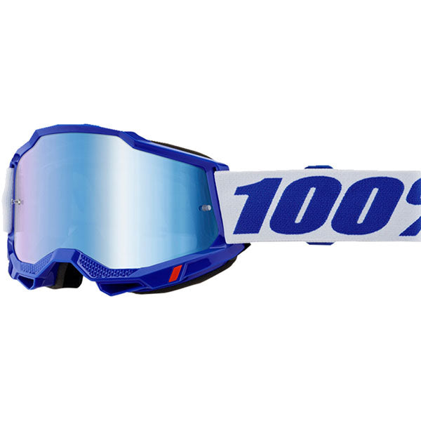 Detailed studio photograph of 100%, Accuri 2.0 Goggle (Mirror Lens), Goggles, SKU 610-5208, color options Fairbanks, Mirror True Gold Lens, Samba, Mirror Silver Lens, 2028, Mirror Blue Lens, Yumiko, Mirror Silver Lens, Torken, Mirror Red Lens, Risland, Mirror True Gold Lens, Razza, Mirror Silver Lens, Neon Yellow, Mirror Silver Lens and more
