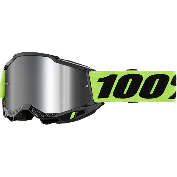 Studio image highlighting 100%, Accuri 2.0 Goggle (Mirror Lens), Goggles, SKU 610-5209, color options Fairbanks, Mirror True Gold Lens, Samba, Mirror Silver Lens, 2028, Mirror Blue Lens, Yumiko, Mirror Silver Lens, Torken, Mirror Red Lens, Risland, Mirror True Gold Lens, Razza, Mirror Silver Lens, Neon Yellow, Mirror Silver Lens and more