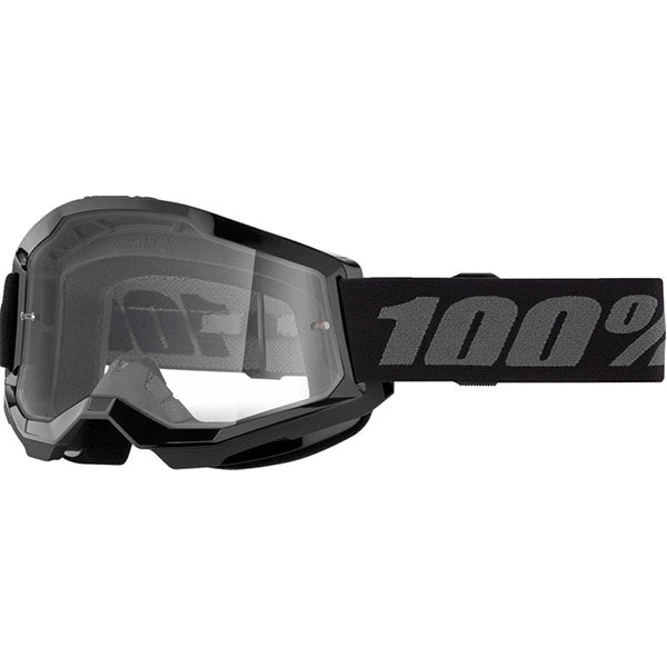 Detailed studio photograph of 100%, Strata 2.0 Goggle (Clear Lens), Goggles, SKU 610-5221, color options Black, Navy, War Camo, Pink, White, Red/Red, Neon Orange, Solar Eclipse and more