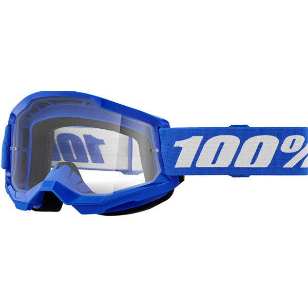 Studio photo showcasing 100%, Strata 2.0 Goggle (Clear Lens), Goggles, SKU 610-5229, color options Black, Navy, War Camo, Pink, White, Red/Red, Neon Orange, Solar Eclipse and more